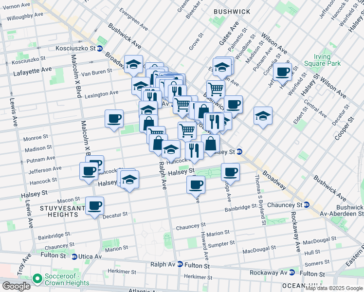 map of restaurants, bars, coffee shops, grocery stores, and more near 931A Jefferson Avenue in Brooklyn