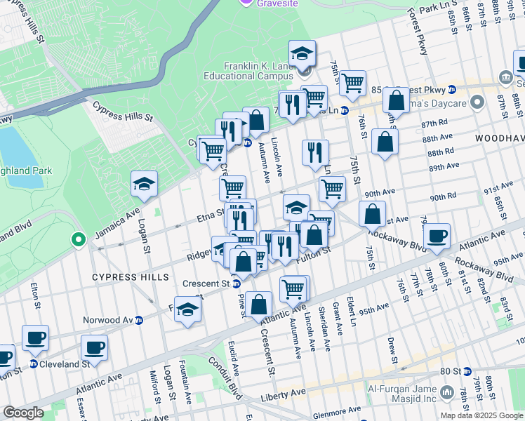 map of restaurants, bars, coffee shops, grocery stores, and more near 102 Hemlock Street in Brooklyn