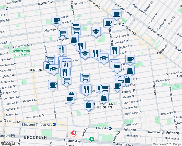 map of restaurants, bars, coffee shops, grocery stores, and more near 577 Madison Street in Brooklyn