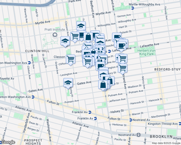 map of restaurants, bars, coffee shops, grocery stores, and more near 365 Franklin Avenue in Brooklyn