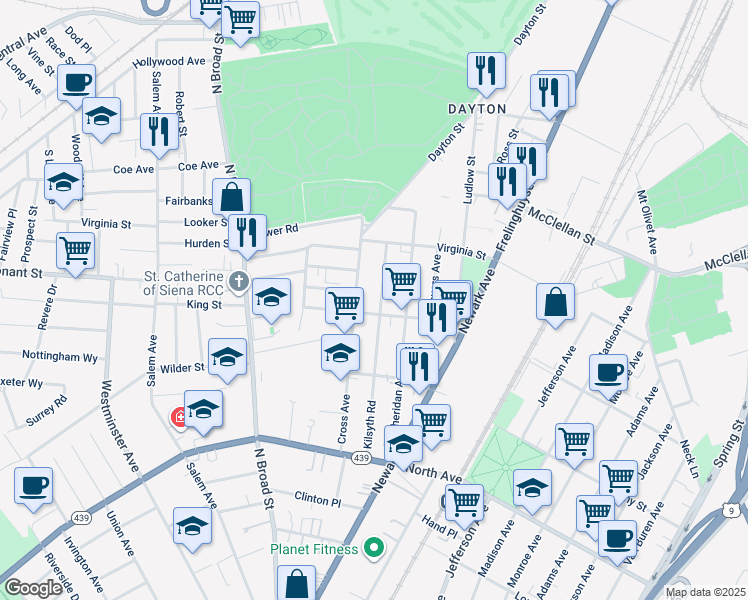 map of restaurants, bars, coffee shops, grocery stores, and more near 1029 Cross Avenue in Elizabeth