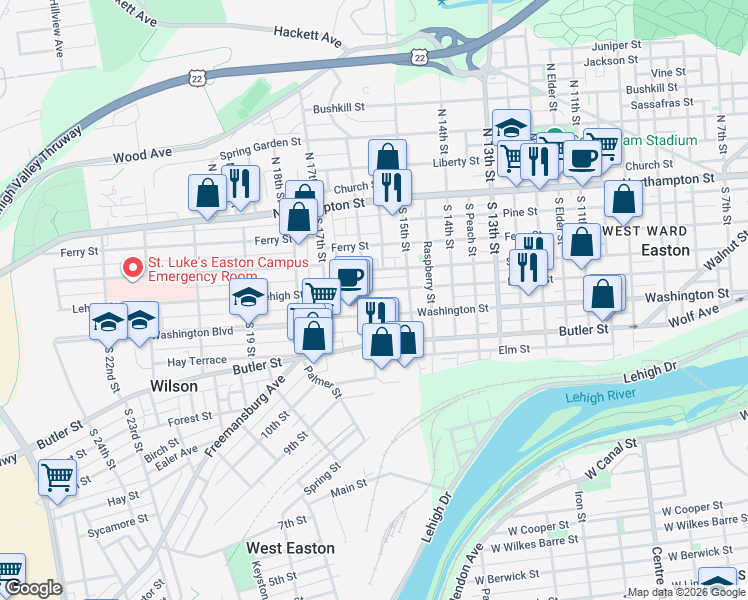map of restaurants, bars, coffee shops, grocery stores, and more near 1521 Lehigh Street in Easton