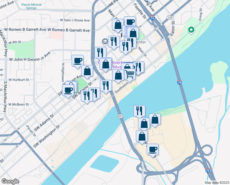 map of restaurants, bars, coffee shops, grocery stores, and more near 498 Southwest Water Street in Peoria