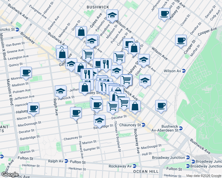 map of restaurants, bars, coffee shops, grocery stores, and more near 30 Weirfield Street in Brooklyn