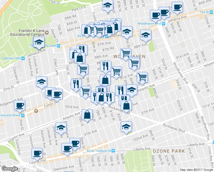 map of restaurants, bars, coffee shops, grocery stores, and more near 91st Ave & 81st St in Queens