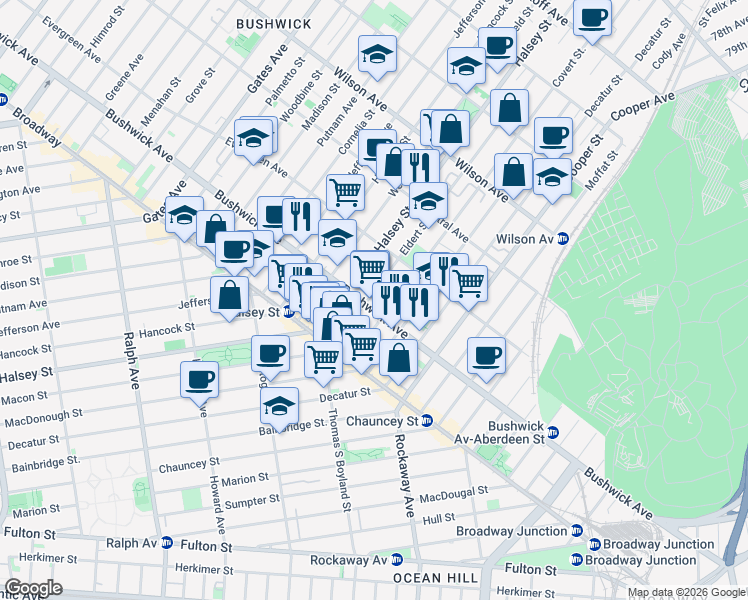 map of restaurants, bars, coffee shops, grocery stores, and more near 89 Eldert Street in Brooklyn