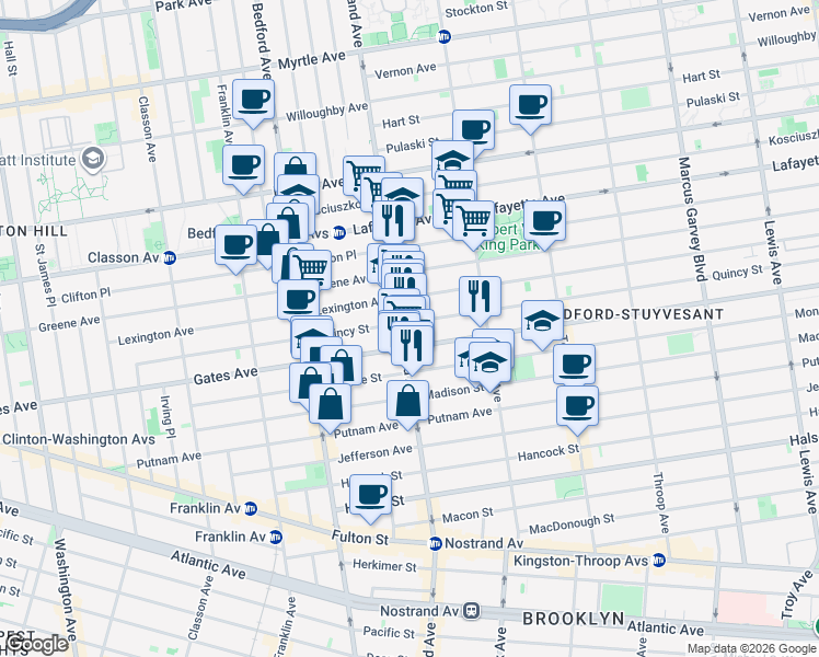 map of restaurants, bars, coffee shops, grocery stores, and more near 292 Lexington Avenue in Brooklyn