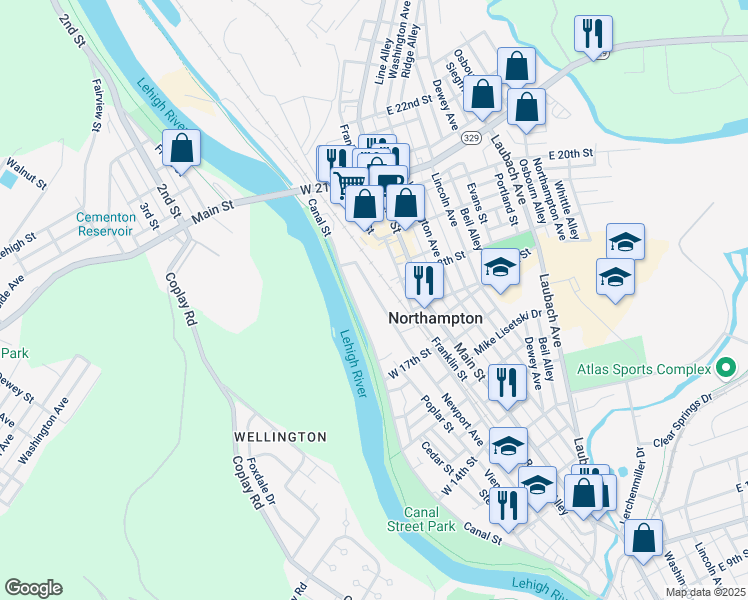 map of restaurants, bars, coffee shops, grocery stores, and more near 1796 Newport Avenue in Northampton