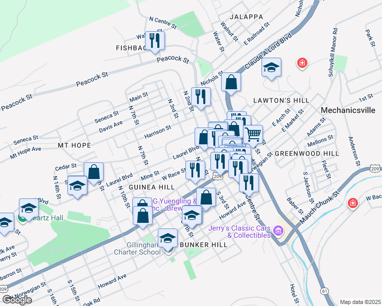 map of restaurants, bars, coffee shops, grocery stores, and more near 307 Laurel Boulevard in Minersville