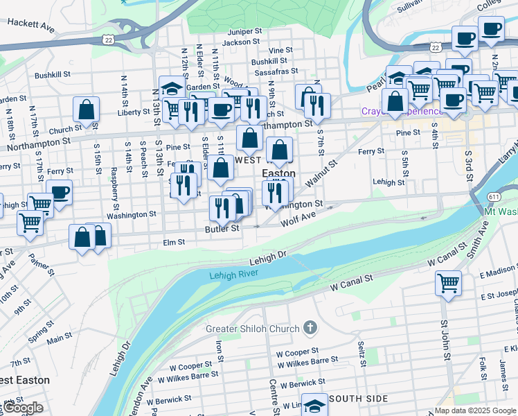 map of restaurants, bars, coffee shops, grocery stores, and more near 956 Washington Street in Easton