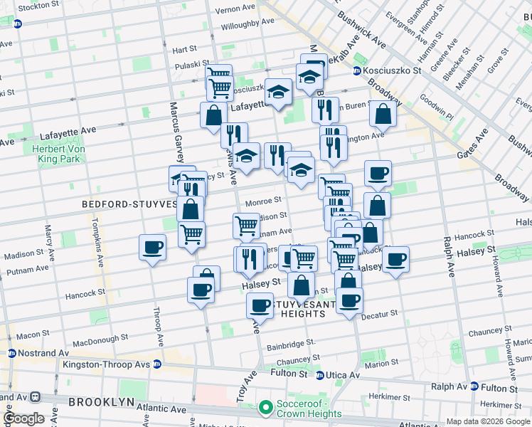 map of restaurants, bars, coffee shops, grocery stores, and more near 581 Madison Street in Brooklyn