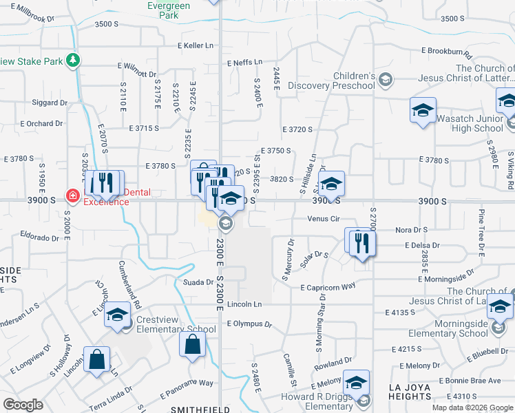 map of restaurants, bars, coffee shops, grocery stores, and more near 3877 South 2395 East Street in Salt Lake City
