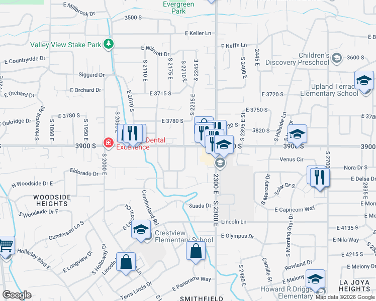 map of restaurants, bars, coffee shops, grocery stores, and more near 2232 East 3900 South in Salt Lake City
