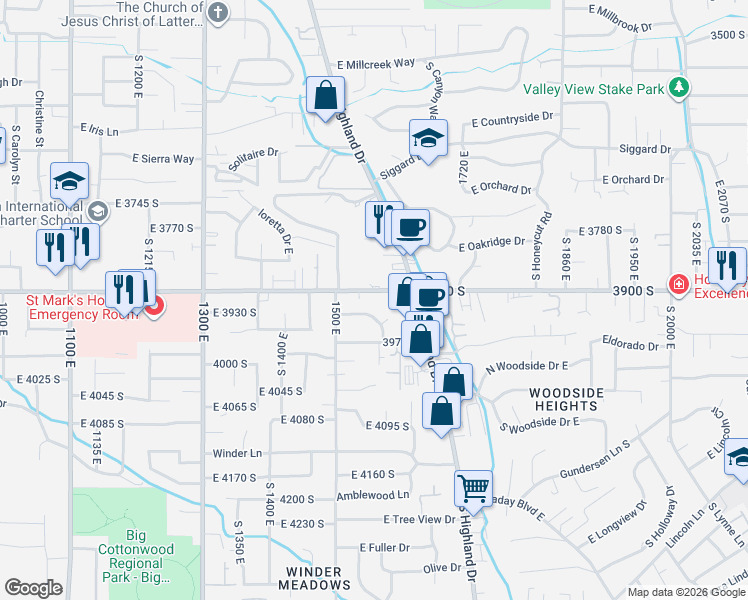 map of restaurants, bars, coffee shops, grocery stores, and more near 1521 East 3900 South in Salt Lake City