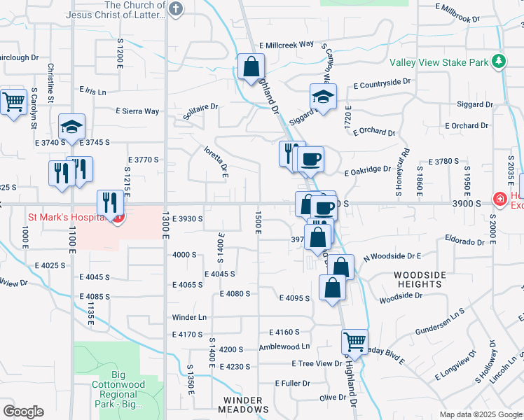 map of restaurants, bars, coffee shops, grocery stores, and more near 1521 East 3900 South in Salt Lake City