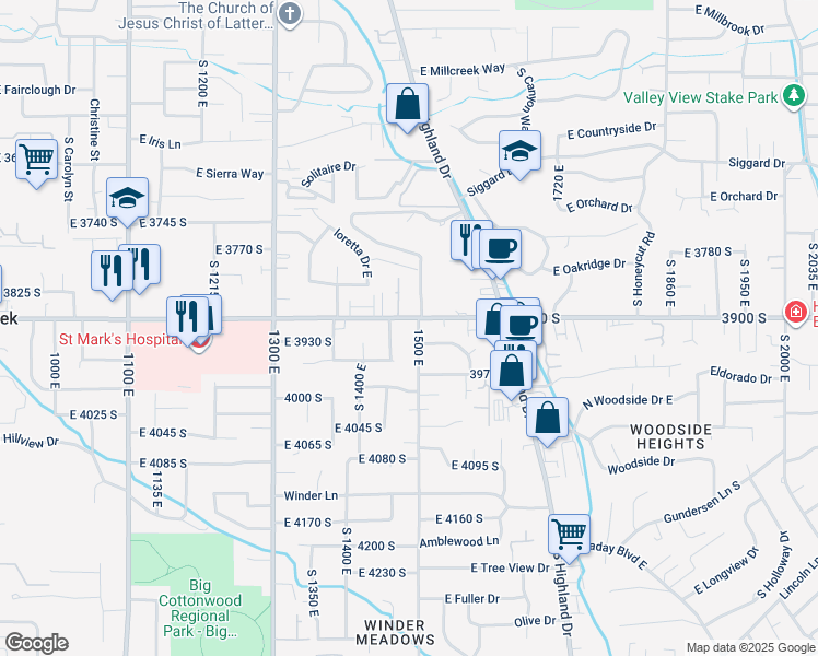 map of restaurants, bars, coffee shops, grocery stores, and more near 1485 East 3900 South in Millcreek