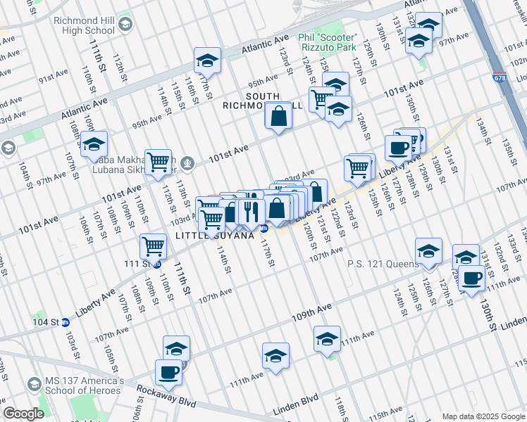 map of restaurants, bars, coffee shops, grocery stores, and more near 103-05 118th Street in Queens