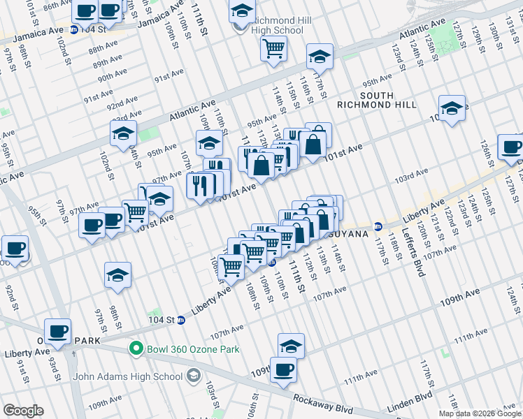 map of restaurants, bars, coffee shops, grocery stores, and more near 101-11 110th Street in Queens