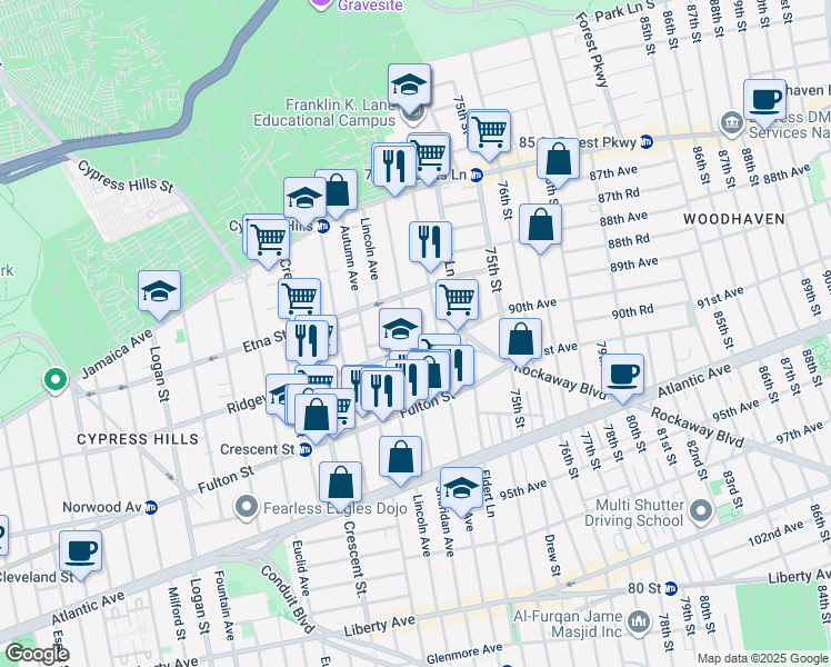 map of restaurants, bars, coffee shops, grocery stores, and more near 133 Nichols Avenue in Brooklyn