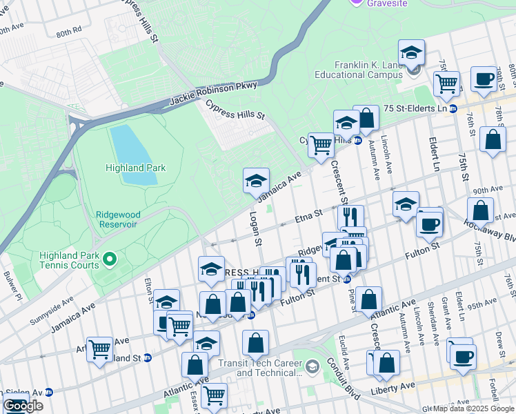map of restaurants, bars, coffee shops, grocery stores, and more near 716 Jamaica Avenue in Brooklyn