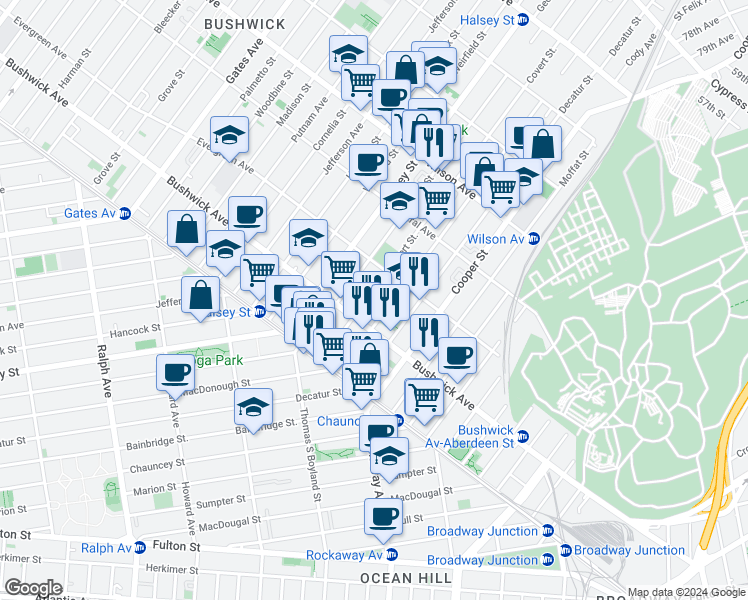 map of restaurants, bars, coffee shops, grocery stores, and more near in Brooklyn