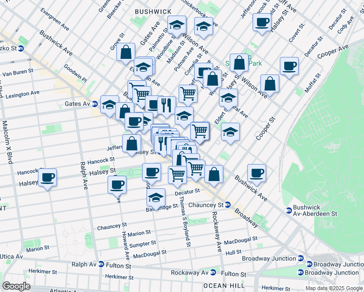 map of restaurants, bars, coffee shops, grocery stores, and more near 1259 Bushwick Avenue in Brooklyn