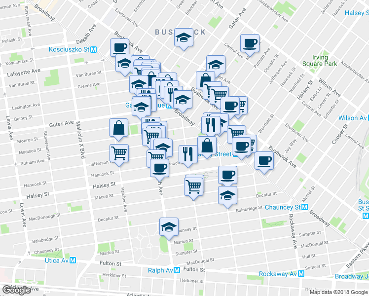 map of restaurants, bars, coffee shops, grocery stores, and more near 989 Putnam Avenue in Brooklyn