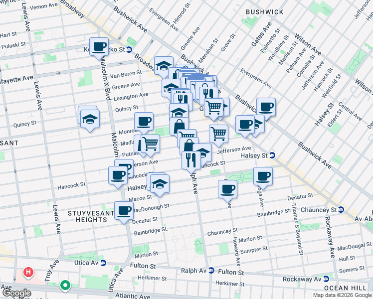 map of restaurants, bars, coffee shops, grocery stores, and more near 836 Madison Street in Brooklyn