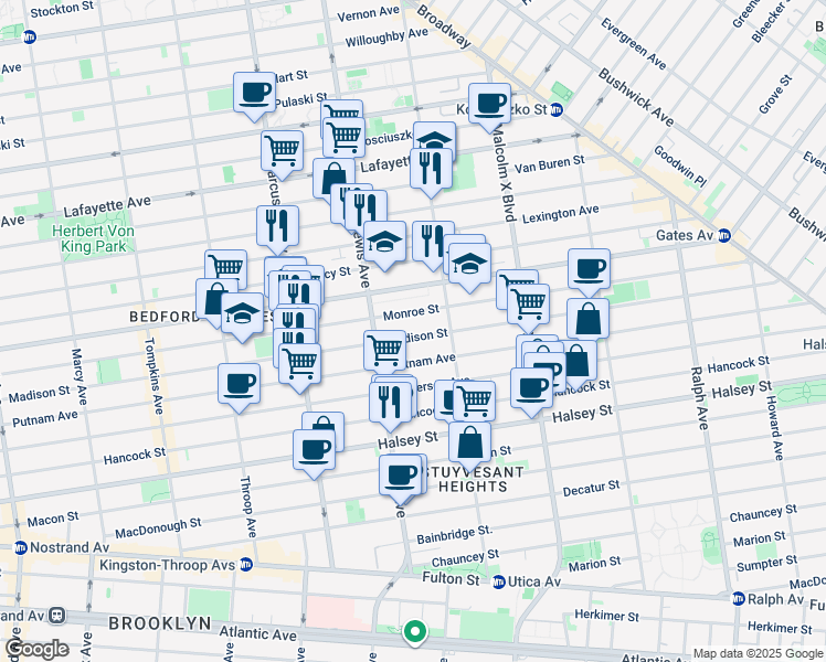 map of restaurants, bars, coffee shops, grocery stores, and more near 547 Monroe Street in Brooklyn