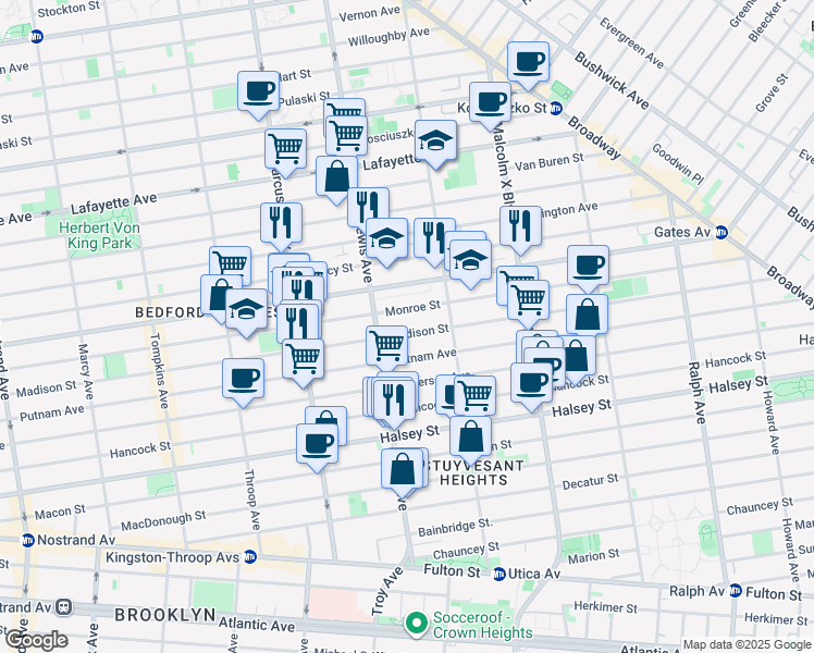 map of restaurants, bars, coffee shops, grocery stores, and more near 547 Monroe Street in Brooklyn