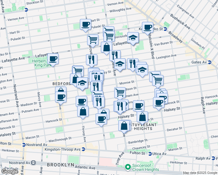 map of restaurants, bars, coffee shops, grocery stores, and more near 515 Monroe Street in Brooklyn