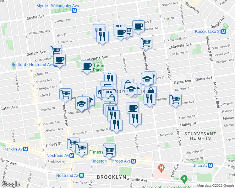 map of restaurants, bars, coffee shops, grocery stores, and more near 416 Quincy Street in Brooklyn