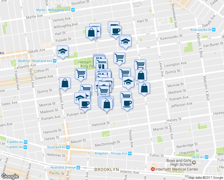 map of restaurants, bars, coffee shops, grocery stores, and more near 416 Quincy Street in Brooklyn
