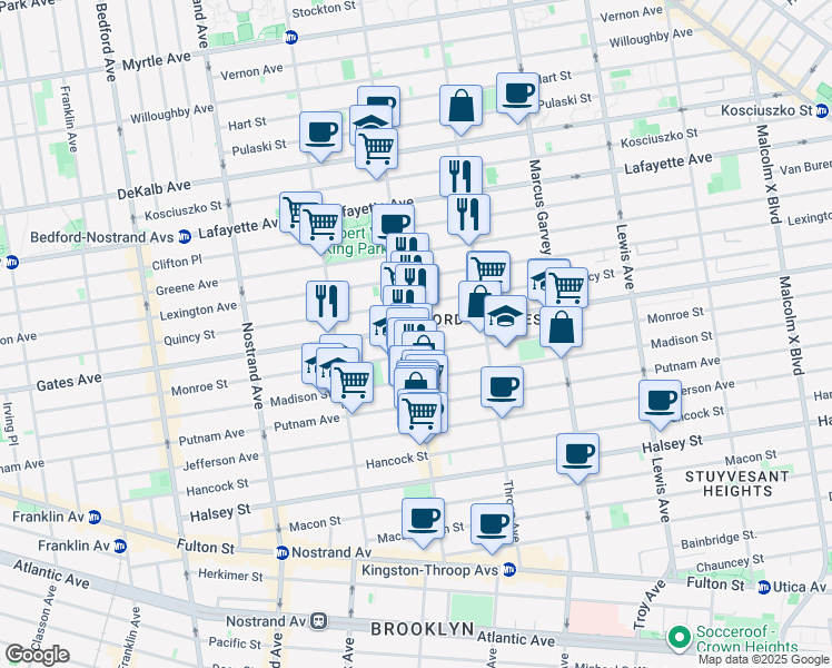 map of restaurants, bars, coffee shops, grocery stores, and more near 416 Quincy Street in Brooklyn