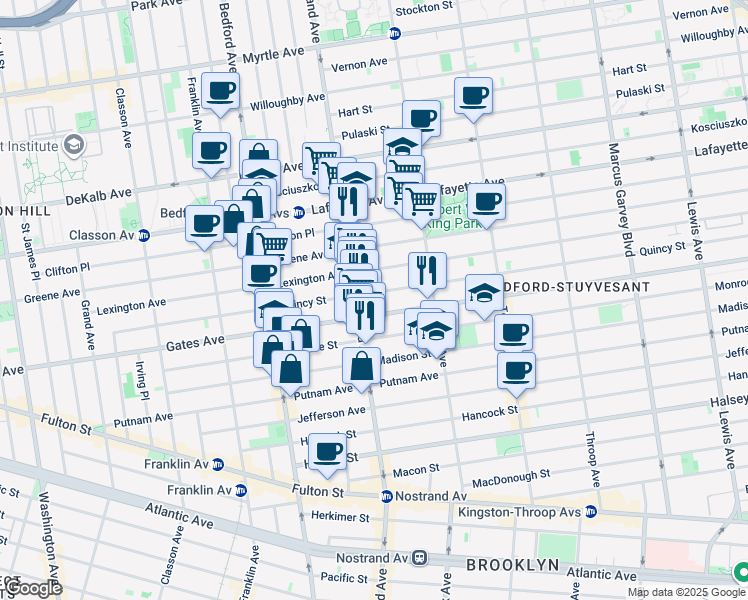 map of restaurants, bars, coffee shops, grocery stores, and more near 292 Lexington Avenue in Brooklyn