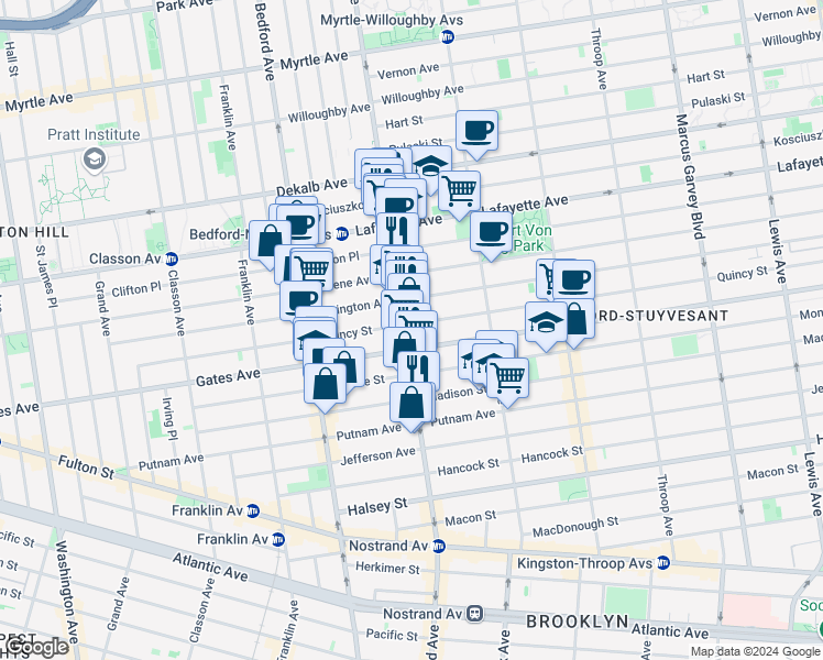 map of restaurants, bars, coffee shops, grocery stores, and more near 292 Lexington Avenue in Brooklyn