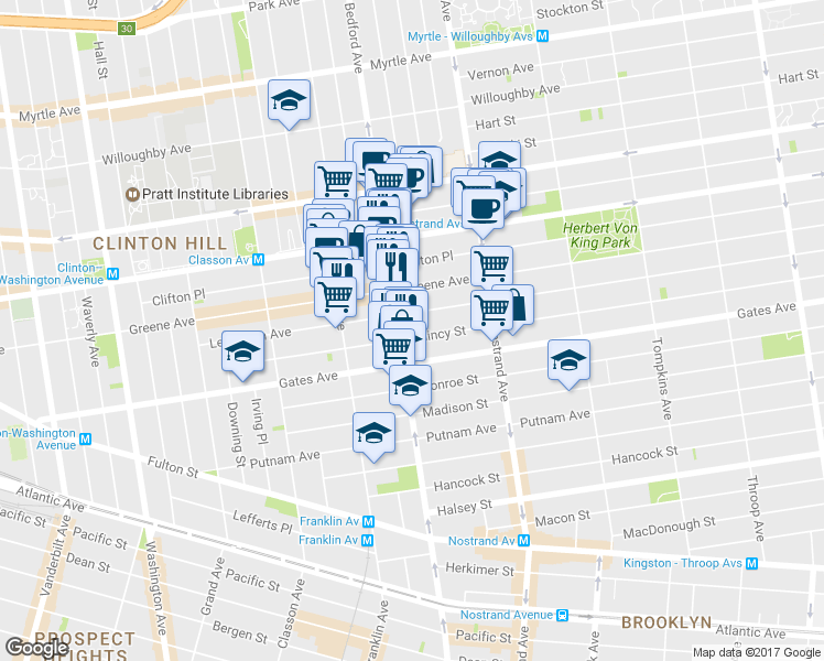 map of restaurants, bars, coffee shops, grocery stores, and more near 1065 Bedford Avenue in Brooklyn