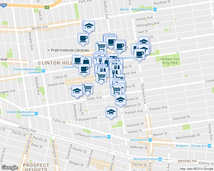 map of restaurants, bars, coffee shops, grocery stores, and more near 159 Lexington Avenue in Brooklyn