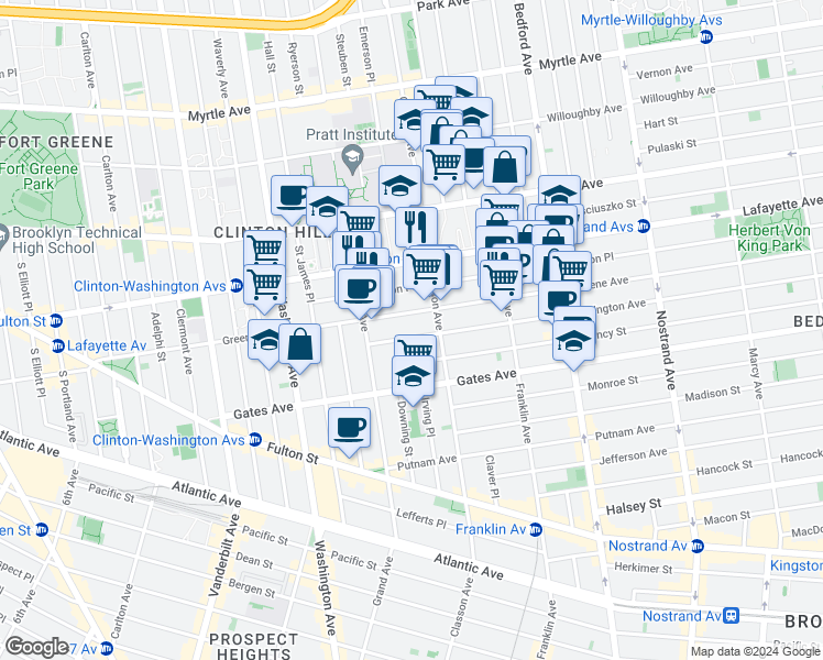map of restaurants, bars, coffee shops, grocery stores, and more near 281 Greene Avenue in Brooklyn