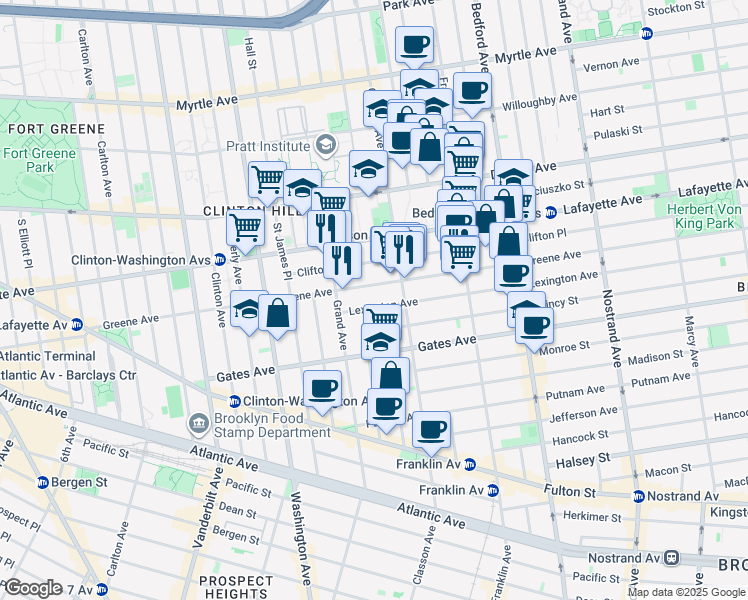 map of restaurants, bars, coffee shops, grocery stores, and more near 281 Greene Avenue in Brooklyn