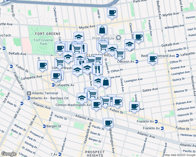 map of restaurants, bars, coffee shops, grocery stores, and more near 255 Lafayette Avenue in Brooklyn