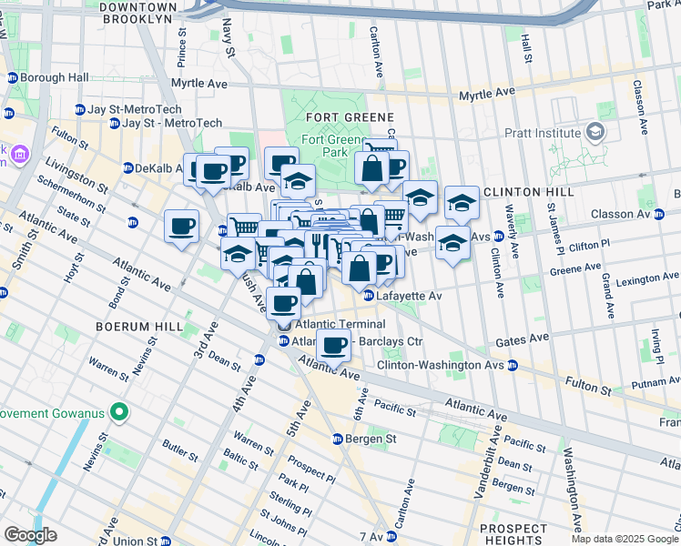 map of restaurants, bars, coffee shops, grocery stores, and more near 75 South Elliott Place in Brooklyn