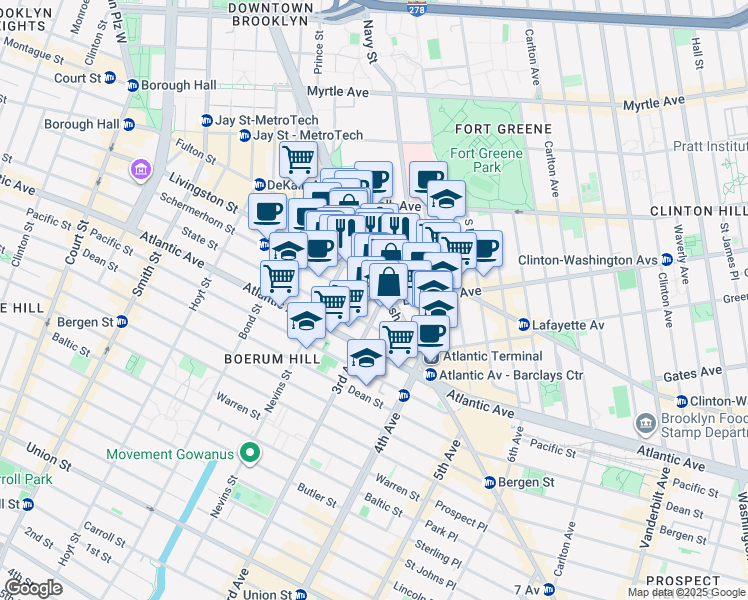 map of restaurants, bars, coffee shops, grocery stores, and more near 41 Flatbush Avenue in Brooklyn