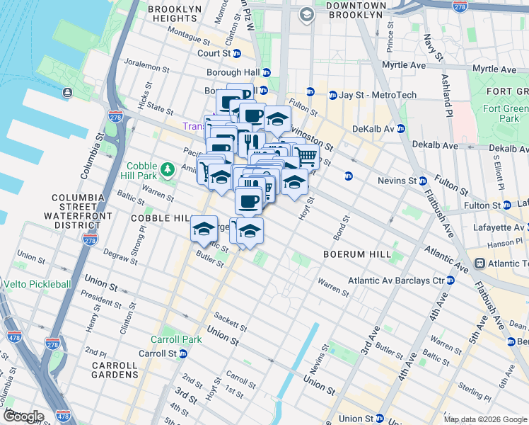 map of restaurants, bars, coffee shops, grocery stores, and more near 66 Dean Street in Brooklyn