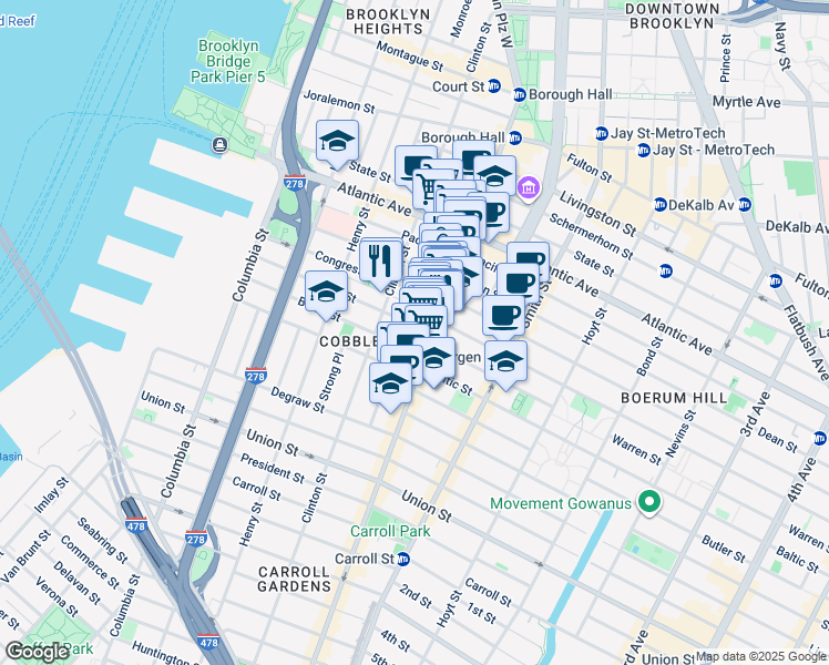 map of restaurants, bars, coffee shops, grocery stores, and more near 205 Warren Street in Brooklyn
