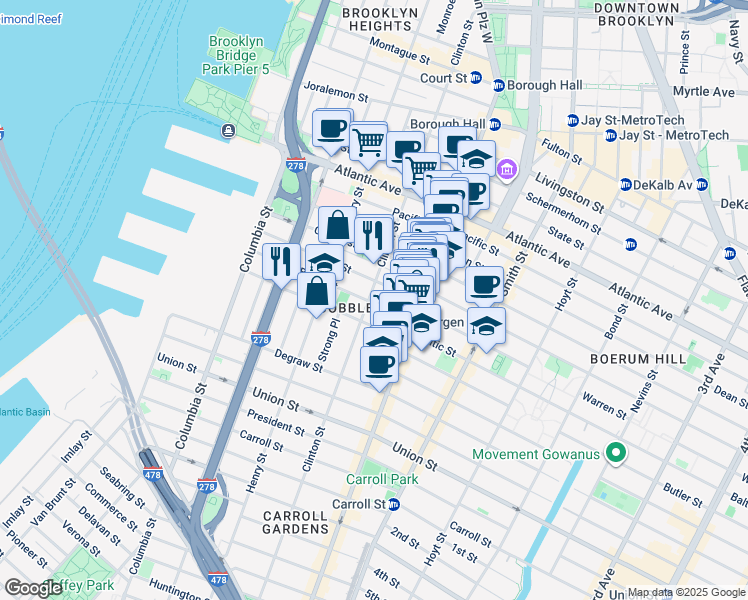 map of restaurants, bars, coffee shops, grocery stores, and more near 198 Warren Street in Brooklyn