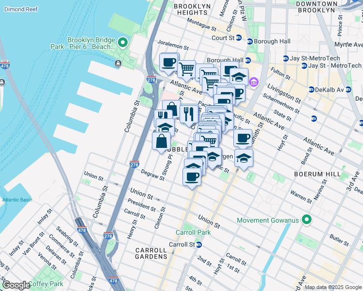 map of restaurants, bars, coffee shops, grocery stores, and more near 198 Warren Street in Brooklyn