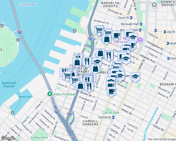 map of restaurants, bars, coffee shops, grocery stores, and more near 447 Hicks Street in Brooklyn