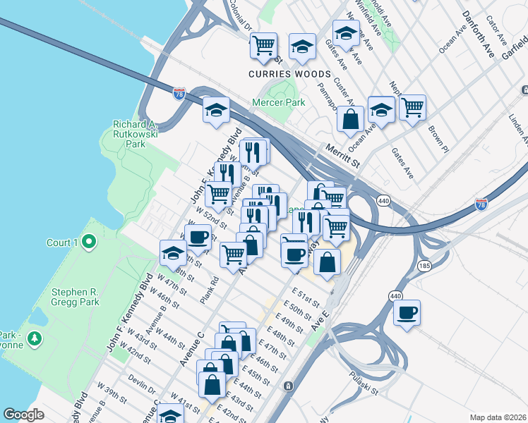 map of restaurants, bars, coffee shops, grocery stores, and more near 79 West 55th Street in Bayonne