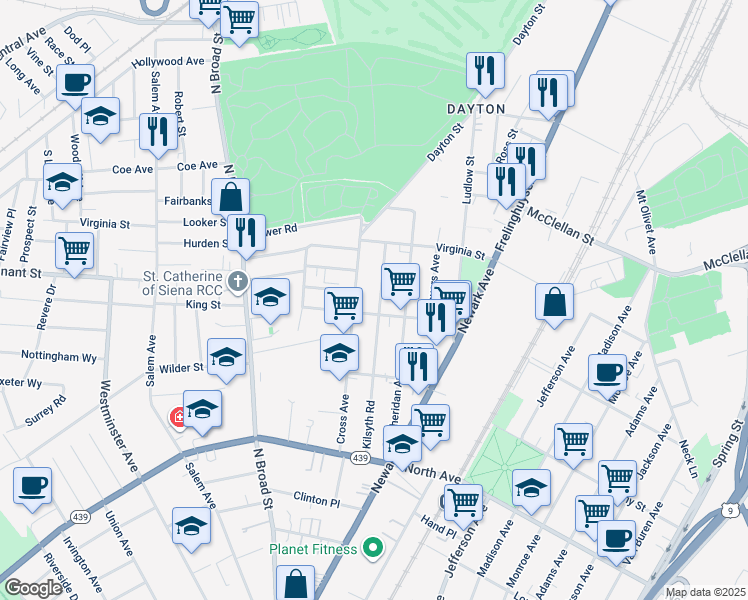 map of restaurants, bars, coffee shops, grocery stores, and more near 1029 Cross Avenue in Elizabeth
